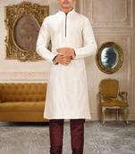 Cream dupion art silk mens kurta churidar set
