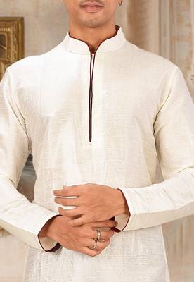 Cream dupion art silk mens kurta churidar set 2