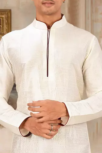 Cream dupion art silk mens kurta churidar set