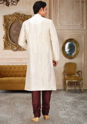 Cream dupion art silk mens kurta churidar set 3