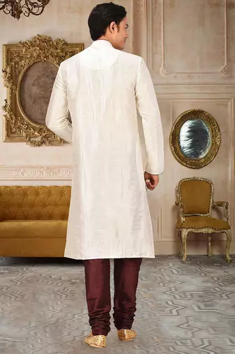 Cream dupion art silk mens kurta churidar set