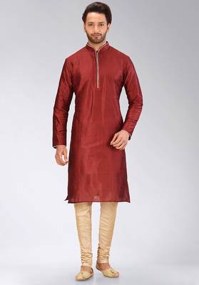 Red dupion art silk mens kurta churidar set 1