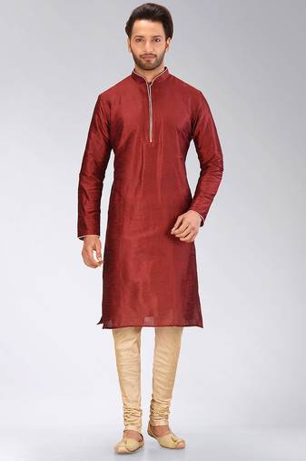 Red dupion art silk mens kurta churidar set