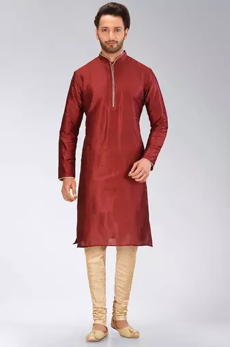 Red dupion art silk mens kurta churidar set