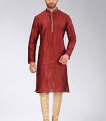 Red dupion art silk mens kurta churidar set