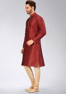 Red dupion art silk mens kurta churidar set 2