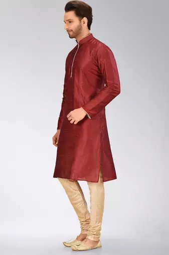 Red dupion art silk mens kurta churidar set