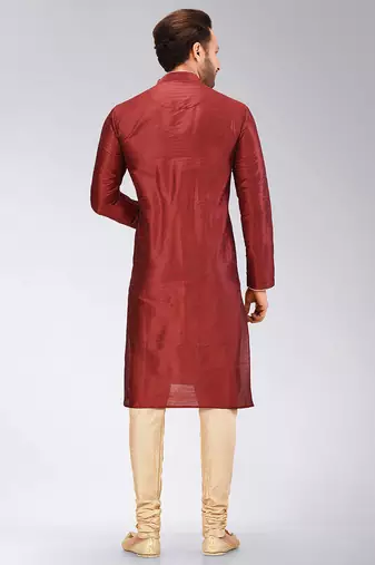 Red dupion art silk mens kurta churidar set