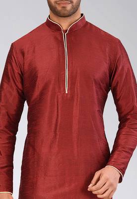 Red dupion art silk mens kurta churidar set 4