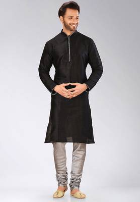 Black dupion art silk mens kurta churidar set 1