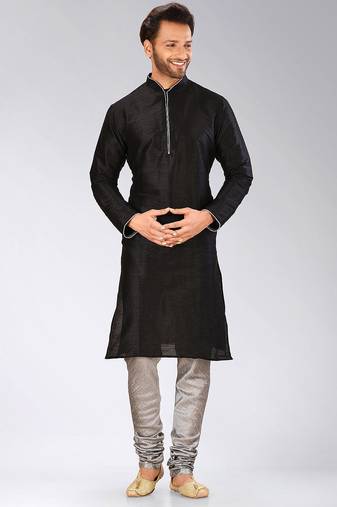 Black dupion art silk mens kurta churidar set