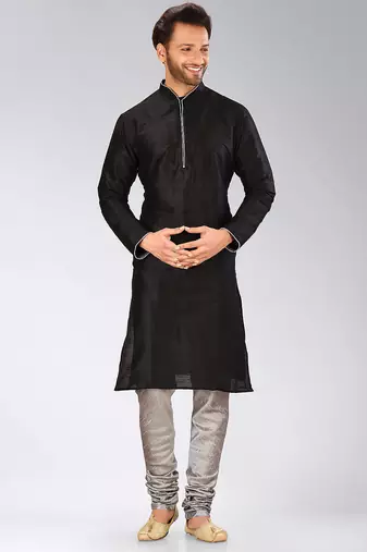 Black dupion art silk mens kurta churidar set