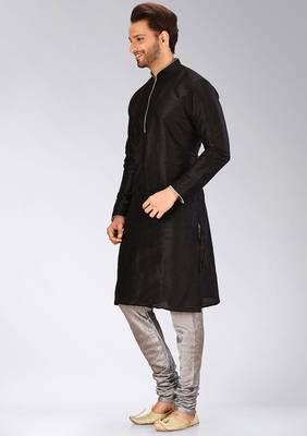 Black dupion art silk mens kurta churidar set 2