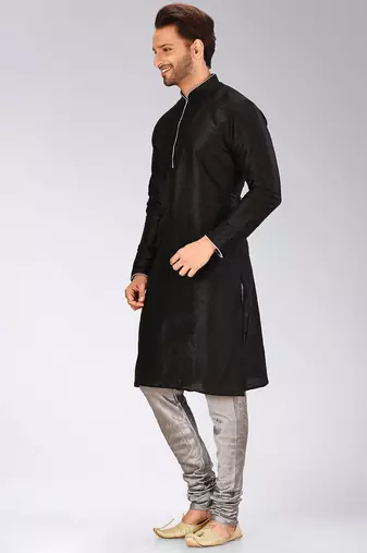 Black dupion art silk mens kurta churidar set