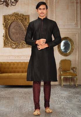 Black dupion art silk mens kurta churidar set 1