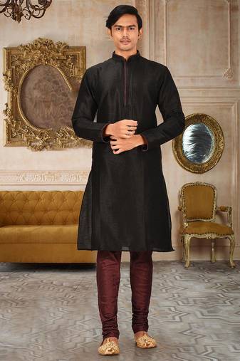 Black dupion art silk mens kurta churidar set