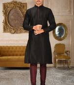 Black dupion art silk mens kurta churidar set