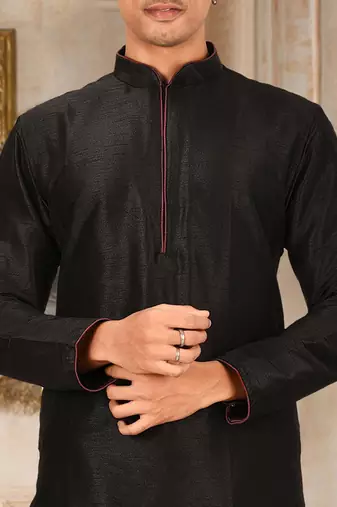 Black dupion art silk mens kurta churidar set