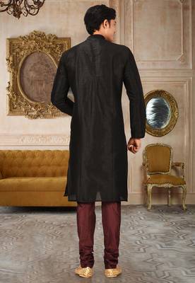 Black dupion art silk mens kurta churidar set 3
