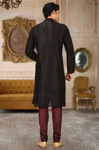 Black dupion art silk mens kurta churidar set