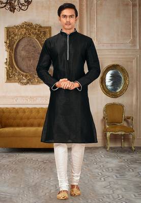 Black dupion art silk mens kurta churidar set 1