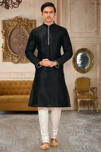 Black dupion art silk mens kurta churidar set