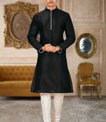 Black dupion art silk mens kurta churidar set