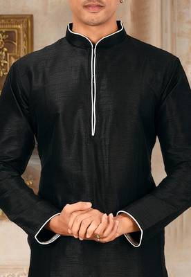 Black dupion art silk mens kurta churidar set 2