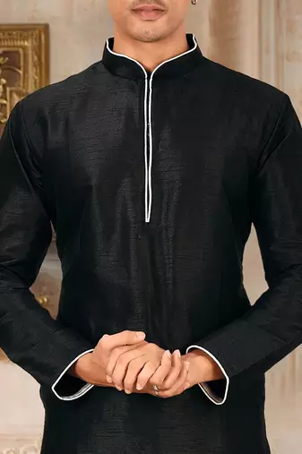 Black dupion art silk mens kurta churidar set