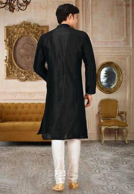 Black dupion art silk mens kurta churidar set 3