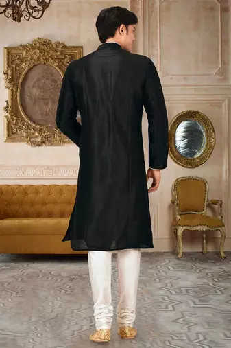 Black dupion art silk mens kurta churidar set