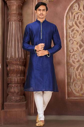Royal blue dupion art silk mens kurta churidar set