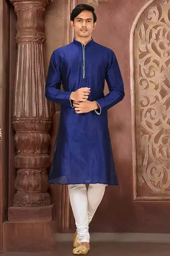 Royal blue dupion art silk mens kurta churidar set