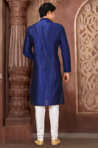 Royal blue dupion art silk mens kurta churidar set