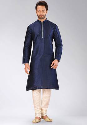 Navy blue dupion art silk mens kurta churidar set 1