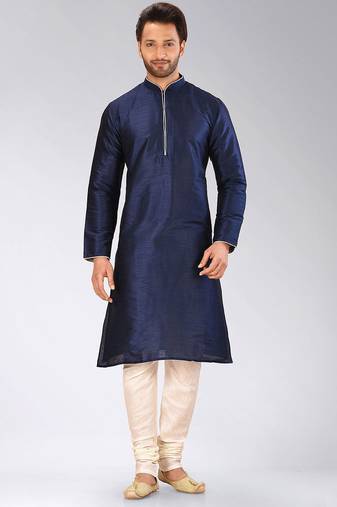 Navy blue dupion art silk mens kurta churidar set