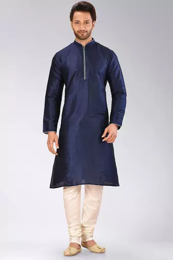 Navy blue dupion art silk mens kurta churidar set