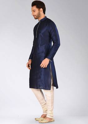 Navy blue dupion art silk mens kurta churidar set 2