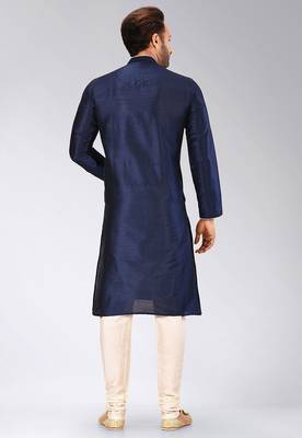 Navy blue dupion art silk mens kurta churidar set 3