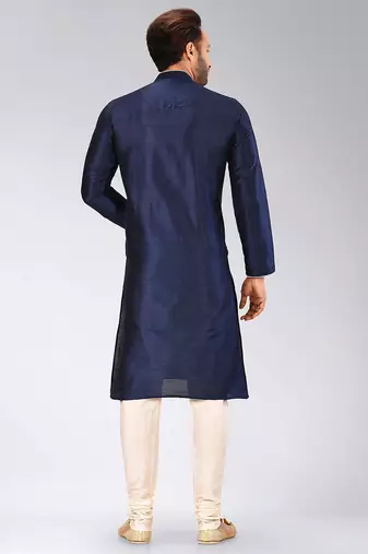 Navy blue dupion art silk mens kurta churidar set
