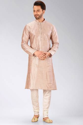 Light brown dupion art silk mens kurta churidar set