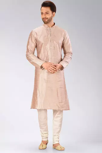 Light brown dupion art silk mens kurta churidar set