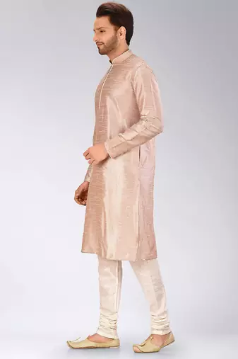 Light brown dupion art silk mens kurta churidar set