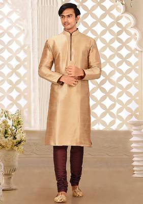 Chikoo dupion art silk mens kurta churidar set 1