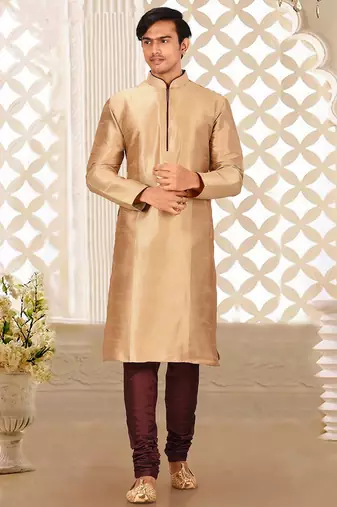 Chikoo dupion art silk mens kurta churidar set