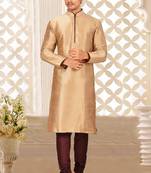 Chikoo dupion art silk mens kurta churidar set