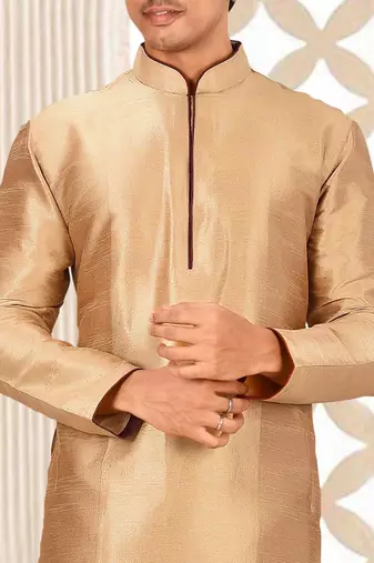 Chikoo dupion art silk mens kurta churidar set