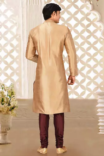 Chikoo dupion art silk mens kurta churidar set