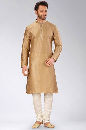Chikoo dupion art silk mens kurta churidar set