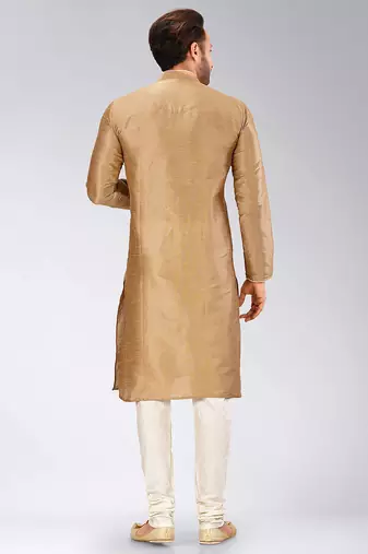 Chikoo dupion art silk mens kurta churidar set